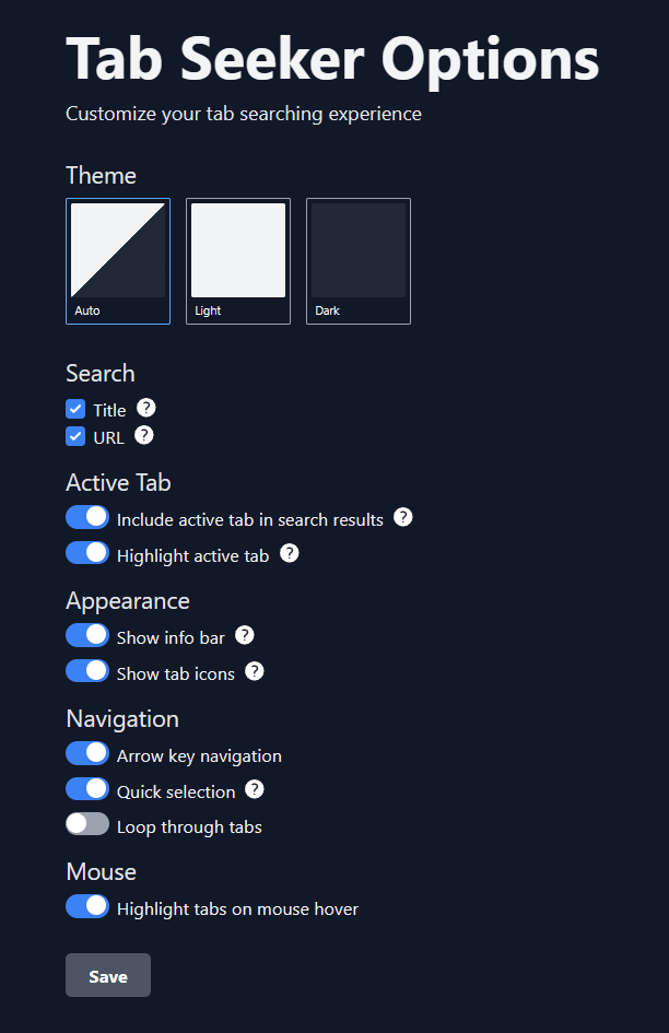 Tab Seeker Options