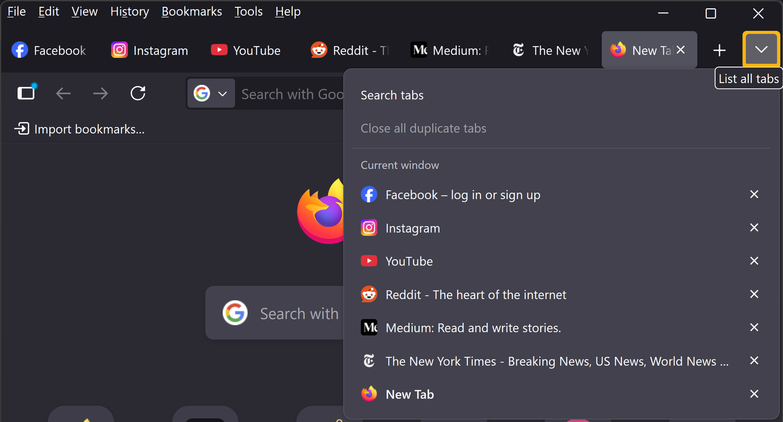 Step 1 - Click on "List all tabs" chevron icon
