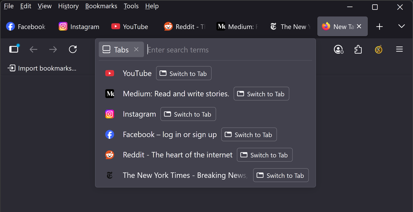 Step 3 - Search bar with "Tabs" prefix is automatically focused